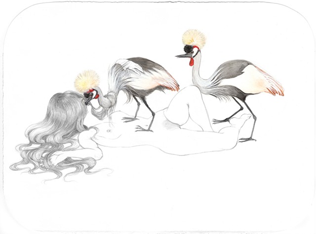 Drawing / Painting of a woman being fed by Gray Crowned Cranes by Jenny Kendler