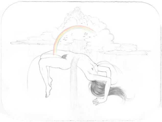 Drawing of a woman with a storm raining on her creating waterfalls by Jenny Kendler