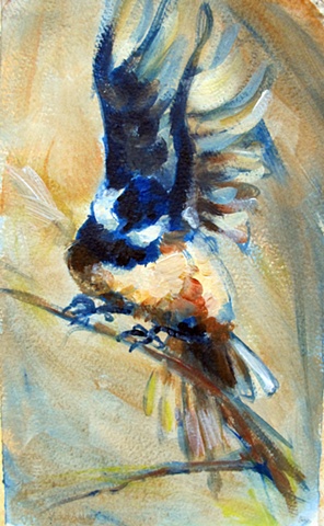 Acrylic painting of a chickadee in flight.