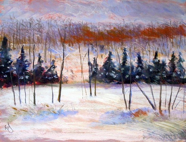Lac Jeannie in the snow, pastel