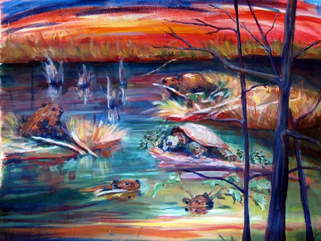 acrylic landscape with beavers
