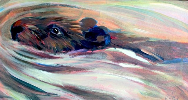 Acrylic painting of a swimming beaver.