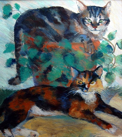water colour and pastel portrait of 2 domestic short-hair cats.