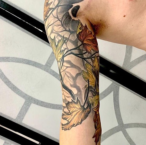 Color Tattoo maple leaves nature tattoo half sleeve custom design