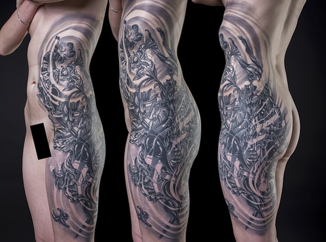 black and grey sea kelp full side and rib piece tattoo