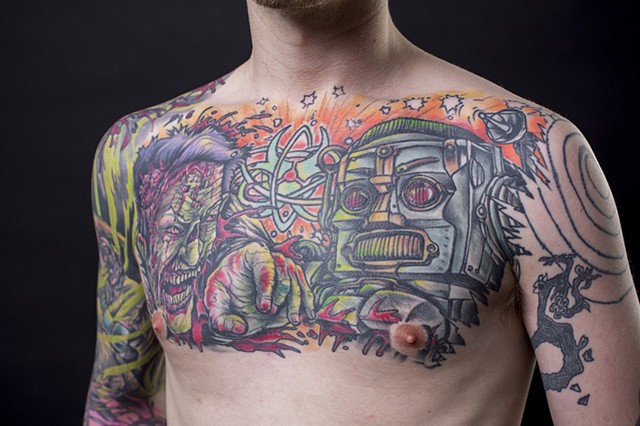 zombie vs. robot chest piece colour tattoo