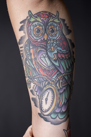 inner bicep jewel owl and pocket watch tattoo neo traditional