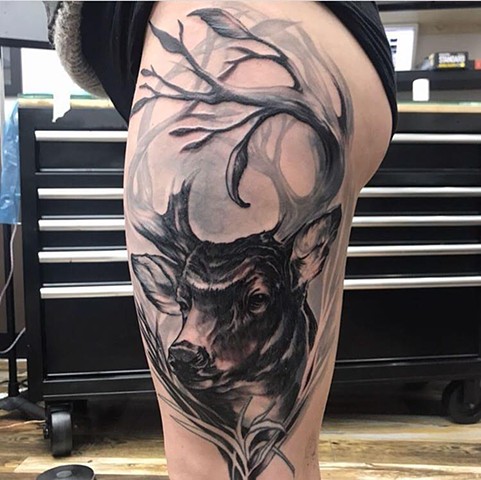 black and grey nature deer custom semi realistic illustrative tattoo style leg thigh tattoo