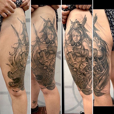 Black and grey illustrative custom tattoo norse mythology tattoo