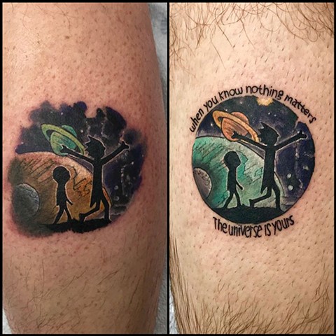 color outer space cosmic planet matching tattoos Rick and Morty cartoon tattoo