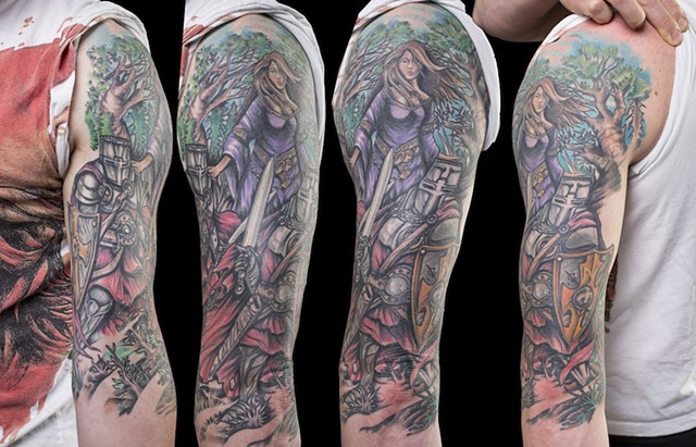 knight in shining armour half sleeve color tattoo