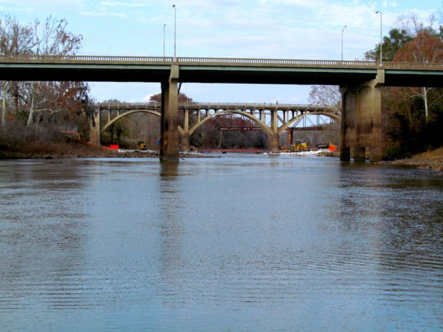 Three Bridges from Downriver (from rocky sandbar off East bank).
