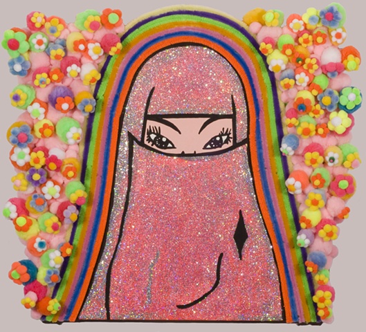 Flowers & Rainbow by John Zoller, coloring book art, Islamic woman art, 
