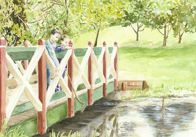Children, playing, pooh sticks, bridge, watercolour, portrait, daylesford, vintage, illustration