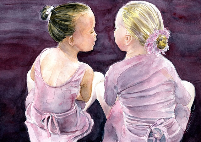 child, children, dancers, seated, whispering. watercolour portrait, vintage, illustration