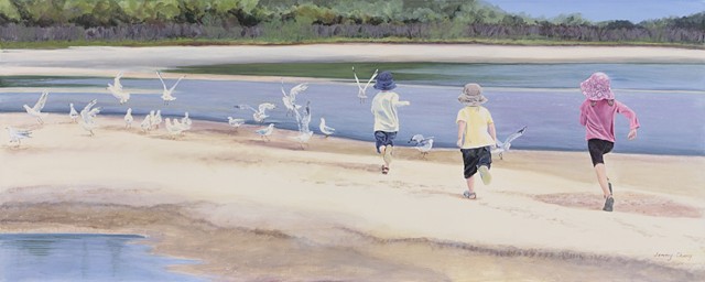 children, seagulls beach, sea, summer