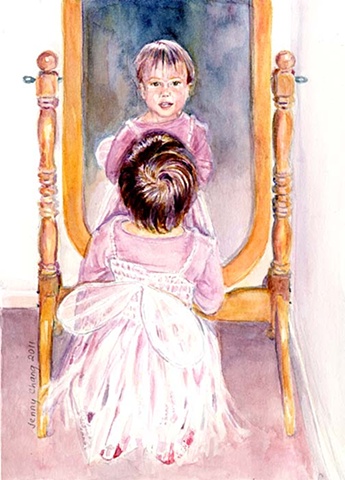 Young, child, fairy, dress, mirror, watercolour, portrait, vintage, traditional, illustration