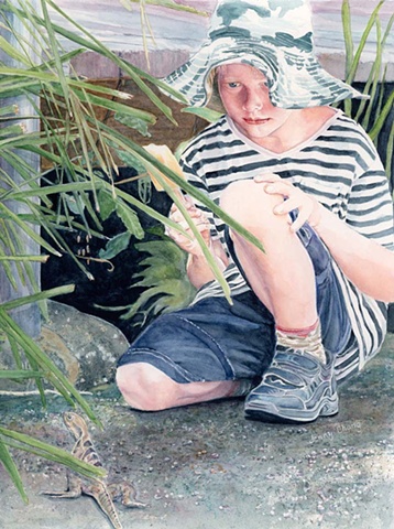 boy, looking at lizard, striped shirt, hat, foliage, ice cream, illustration