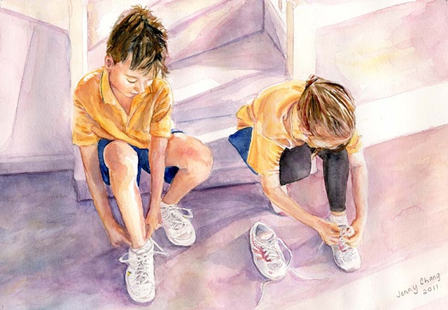 child, children, tying shoelace, shoes, runners, sneakers, watercolour portrait, vintage, illustration