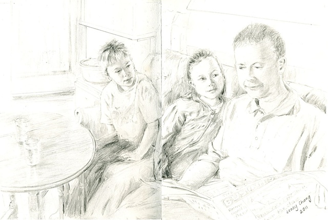 Children, Father, Man, Cafe, pencil portrait, vintage, illustration