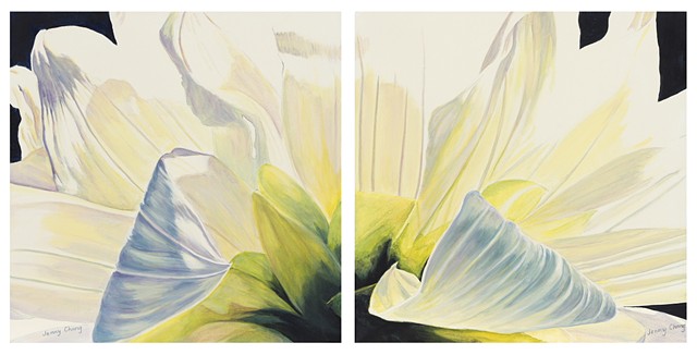 diptych, curling, flower, white, green, synthetic polymer, acrylic, canvas