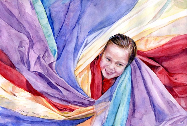 girl, child, wrapped, rainbow, parachute, fabric, watercolour portrait, vintage, illustration