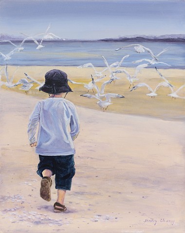 boy, blue, chasing, seagulls, beach, sea, summer
