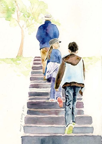 Man, children walking up steps, daylesford, watercolour , vintage, illustration