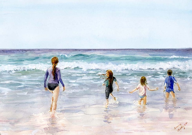 child, children, woman wading, sea, watercolour portrait, vintage, illustration