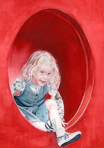 girl, child, watercolour, portrait, red, tunnel, denim, blond, illustration