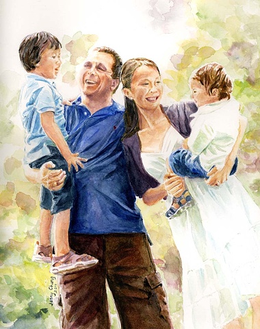 family portrait, man, woman, child, boy, park, watercolour portrait, illustration