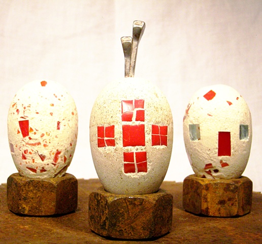 Three Red eggs.  Ceramic tile & glass.