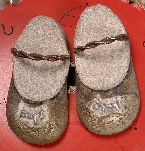 "Wee Scottie Slippers" old metal fence wire, pewter game pieces.