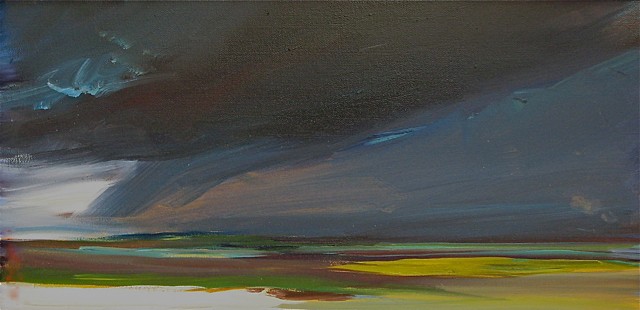 Jo Brown, "Tornado" (2011) 8" x 16" oil on archival canvas board depicts tornado moving over Boston as seen from Cape Cod