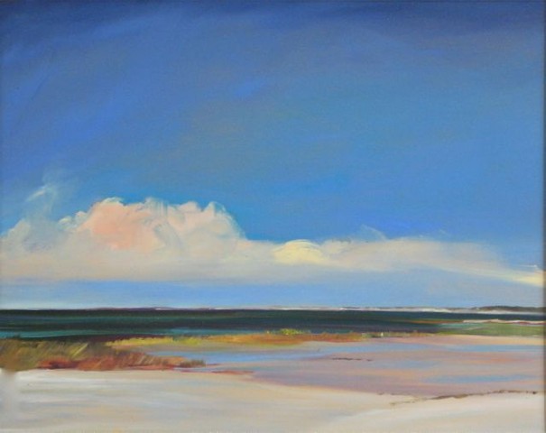 Jo Brown, "Big Pink Cloud," (copyright 2011), oil on archival canvas board, depicting Cape Cod Bay seascape, water view, low horizon, blue sky, luminist style