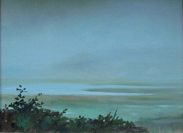 Jo Brown, "Fog," (2009), oil on archival canvas board, depicting view from Wellfleet cabin in fog