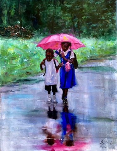 Brother and sister with umbrella 