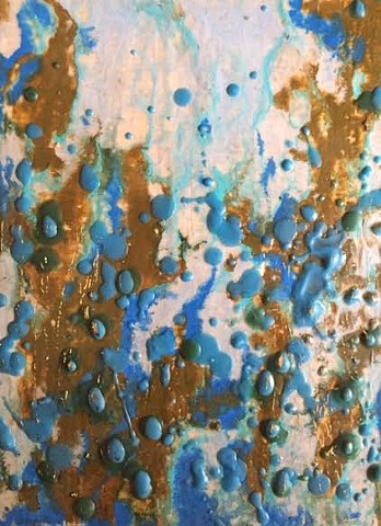 encaustic with gold leaf. shades of turqoise, greens and pale blue. 