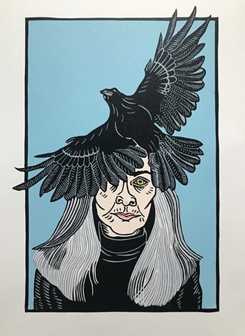 linocut, self portrait, crow woman
