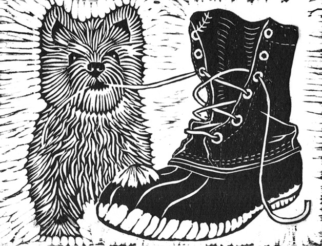 woodcut, West Highland White Terrier puppy, L.L. Bean boot, terrier woodcut