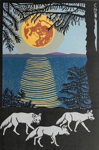 Coyote art, coyote linocut, Hunter's Moon, reduction linocut