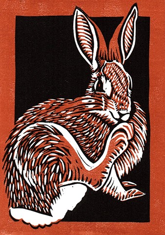 chiaroscuro linocut, rabbit art, rabbit linocut 