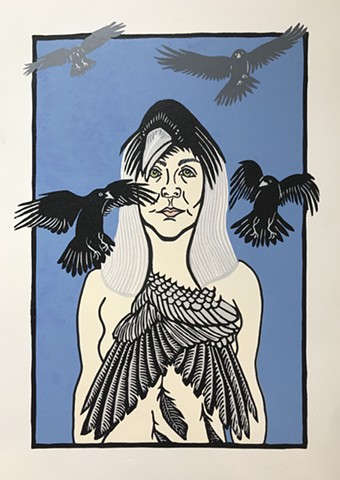 linocut, self portrait, crow woman