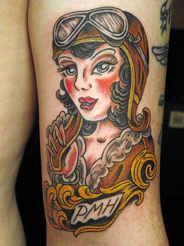 Aviation pin-up girl. Dirk Spece. Gold Standard Tattoo Shop. Bend Oregon. 