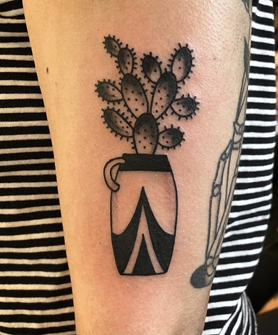 Cactus vase tattoo by Kc Carew at Gold Standard Tattoo in Bend, Oregon