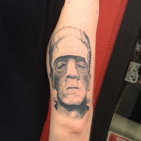 Realistic Frankenstein's monster tattoo by Dirk Spece at Gold Standard Tattoo in Bend, OR.