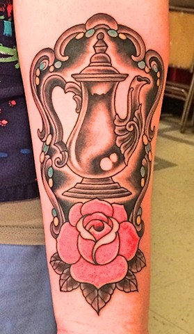 Antique coffee pot tattoo by Dirk Spece at Gold Standard Tattoo in Bend, OR.