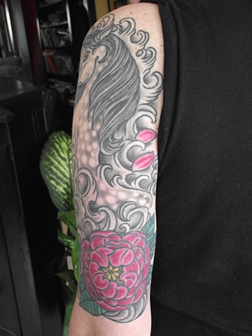 Horse, flower & waves half sleeve (back). Dirk Spece. Gold Standard Tattoo, Bend, Or. 
