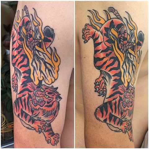 Flaming tiger tattoo by Dirk Spece at Gold Standard Tattoo in Bend, OR.