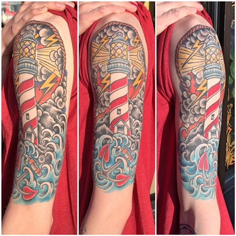 Half-sleeve lighthouse tattoo by Dirk Spece at God Standard Tattoo in Bend, OR.